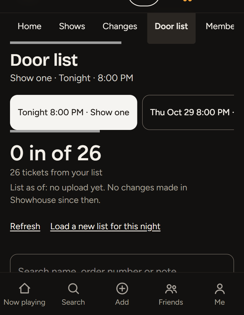 The door list for tonight: 0 in of 26, with a search box