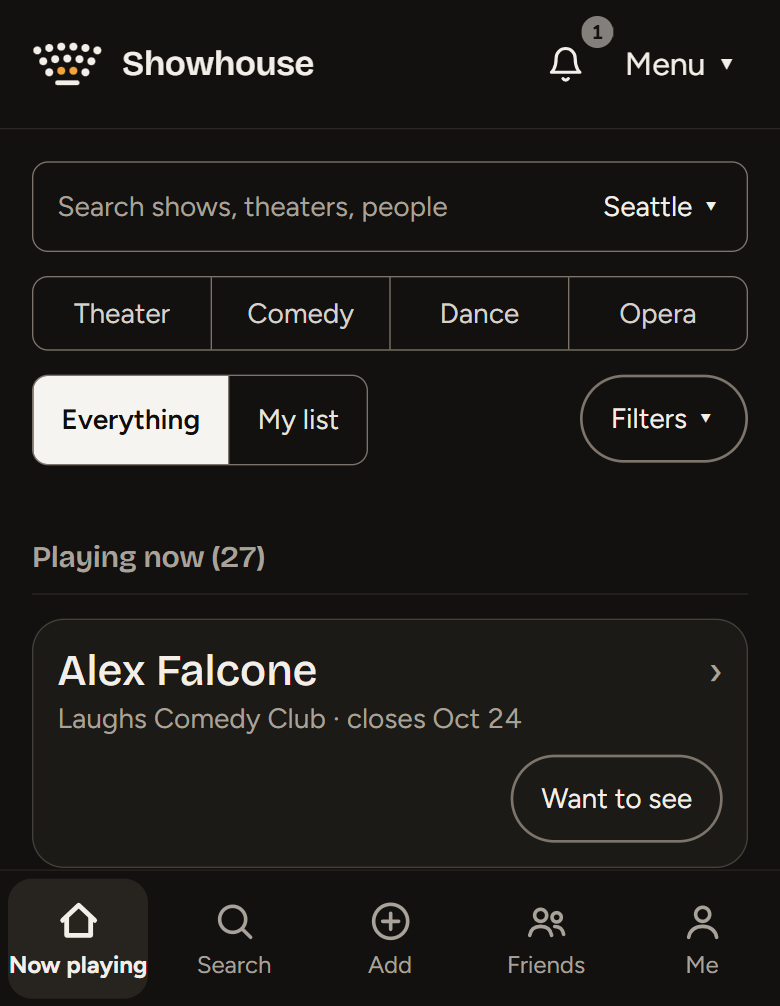 Now playing in Seattle, with a Want to see button on each show